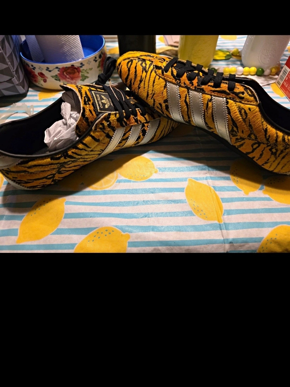 adidas Tiger-Print Sneakers in Yellow and Black with Silver Stripes